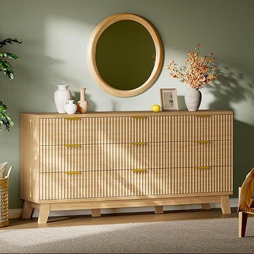 Xixini Fluted Dresser with 9 Drawers, 63" Wide Modern Chest of Drawers with Metal Handle, Wooden Dresser TV Stand, Wood Closet Clothes Storage Organizer for Bedroom, Living Room, Hallway, Natural Oak