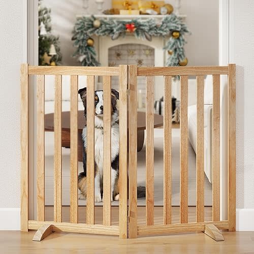 30" Height Tall Freestanding Pet Gate, Solid Wood Folding Safety Fence Wooden Dog Gate with 2 PCs Support Feet Ideal for Stairs, Doorways, Halls, Kitchens, Heavy Duty Gates, 2 Panels, Natural