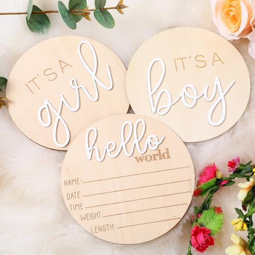 Qianyu 3 Pcs Gender Reveal Sign for Baby Birth Its a Boy Its a Girl Wooden Announcement Sign for Hospital Newborn Welcome Board for New Boys and Girls He or She Photography Prop Gender Reveal Decor