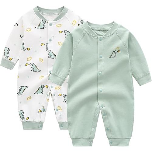 Newborn Baby Boys 2 Pack Cotton Romper Outfits Infant Long Sleeve One-Piece Toddler Button Jumpsuits