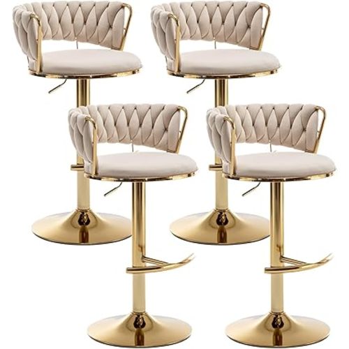 Gold Bar Stools Set of 4, Counter Height Bar Stools with Low Back, Velvet Adjustable Height Barstools, 360° Swivel Bar Stools for Kitchen Island, Pub (Beige)