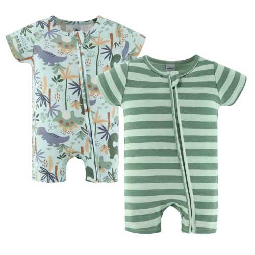 Green Dino Baby Boy Rompers, 2 Pack