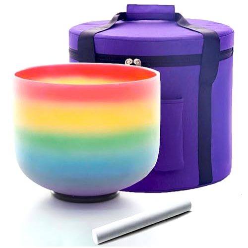 Siceeoly Singing Bowl 8 inch C Note 432hz Rainbow Color Root Chakra Colored Quartz Frosted Crystal Meditation Bowl Yoga Music Instrument with Carrying Case Suede Mallet O-ring