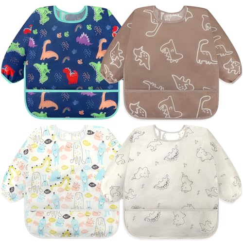 Accmor 4 Pack Long Sleeve Bibs, Baby Smock Waterproof Sleeved Bib Smock for Baby Toddler 6-36 Months