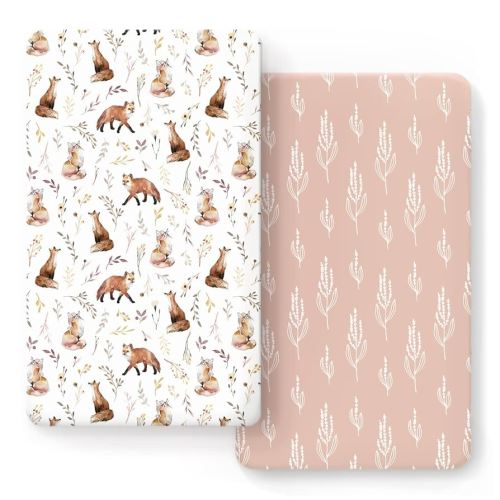Stretch Ultra Soft Jersey Knit Fitted Crib Sheets Set 2 Pack，Fits All Standard Crib Mattress Pads Safe and Snug, Crib Fitted Sheet for Baby, Pretty Fox for Girls