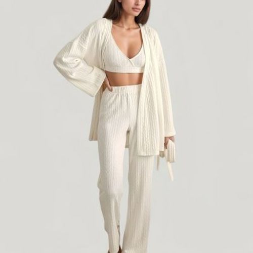 Anna-Kaci Lounge Women's 3-Piece Pajama Set with Textured Woven Knit Bra Top Open Cardigan and High Waist Pants