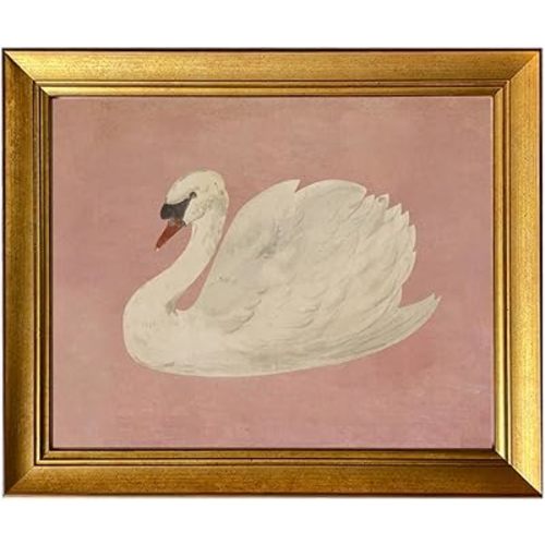 Vintage Gold Framed Wall Art White Swan Canvas Print Farmhouse Pink Wall Decor Cute Swan Painting Artworks for Girly Bathroom Decor Living Room Bedroom