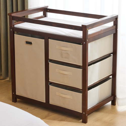 Zimtown Baby Changing Table,Dresser Baby Diaper Changing Station with Laundry Hamper,Infant Nursing Table with 3 Storage Drawers,Removable Safety Rail & Strap for Bedroom,Brown