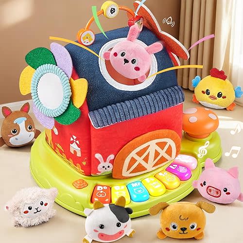 Musical Baby Toys 6-12 Months, Surprise Barn with 7 PCS Stuffed Farm Animals, 4 Mode Sound and LED Lights, Montessori Sensory Toys for 6 12 Months, Ideals 6 7 8 9 Month Old Baby Gifts Toy