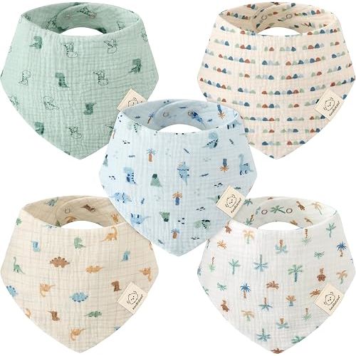 KeaBabies 5pk Muslin Bandana Baby Bibs for Drooling Teething (Dino Park)