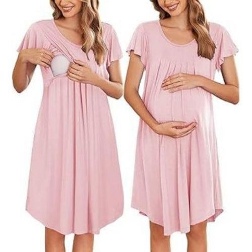 Nursing Nightown Labor and Delivery Gown for Hospital Pleated Breastfeeding Dress Short Sleeve Maternity Sleepwear Pink XXL