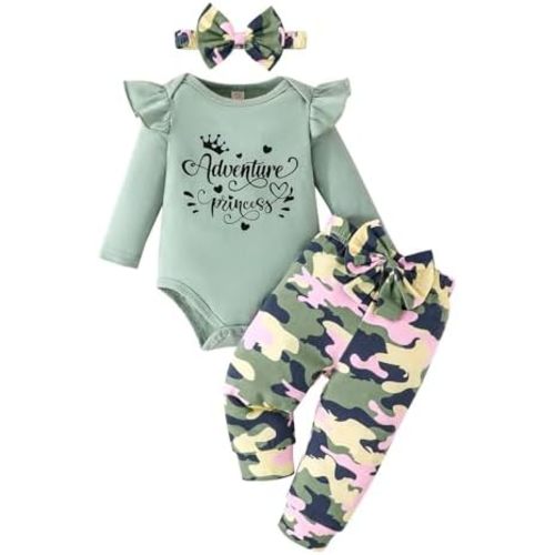 Newborn Baby Girl Clothes Outfit Set Sweet Ruffle Romper, Pants and Headband 0 3 6 9 12 18 Months Infant Clothing