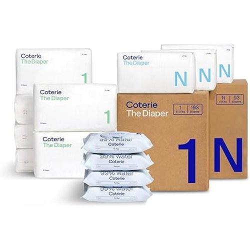 Coterie Baby Wipes + Diapers Kit, Size 1 (198 Count) & Size Newborn Diapers (93 Count), 4 Pack (224) Wipes with 99% Water, Plant Based Materials, Hypoallergenic for Sensitive Skin, Baby Essentials