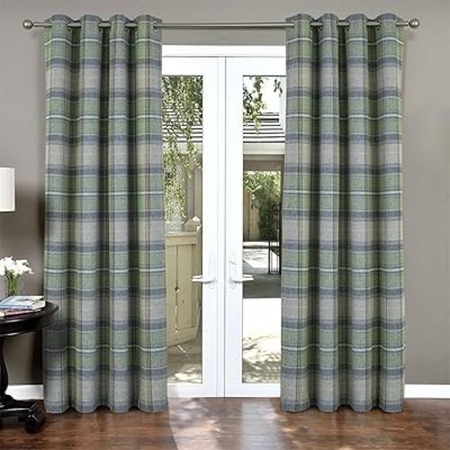 always4u Woolen Look Plaid Curtains Modern Window Panels Green Check Tartan Curtains for Living Room Bedroom 2 Panels Green 54 * 63 Inches