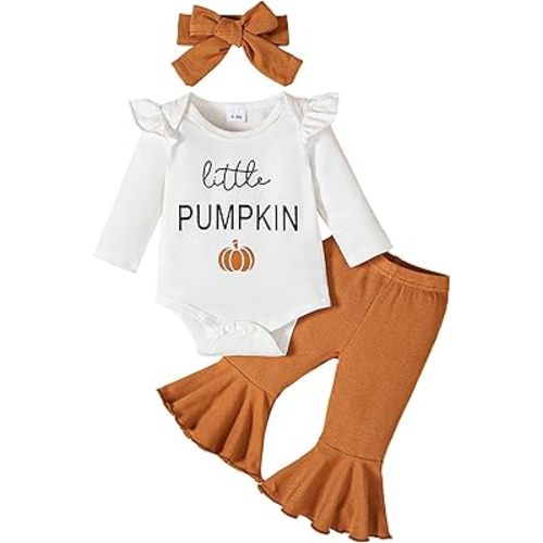 Halloween/Thanksgiving Baby Girl Outfit Pumpkin Romper+Flared Pants Infant Fall Clothes 0-18M