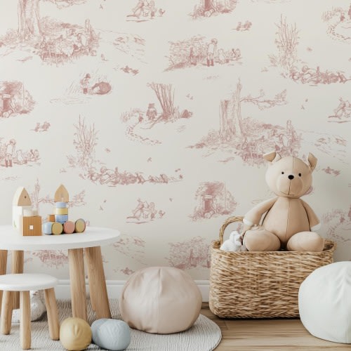 Winnie the Pooh Toile Wallpaper | Baby Girl Nursery | Removable Peel & Stick