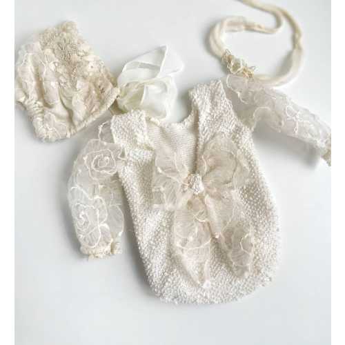 Bow romper set, Beige lace girl outfit, Newborn 3 pieces romper set, romper newborn, lace outfit, Newborn photography props