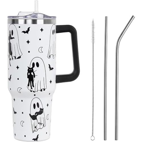 Halloween Tumbler with Lid and Straw 40oz,Gothic Ghosts Cat Vacuum Insulated Leak Proof Tumbler,Goth Spooky Gift Women Girls,Fall Thanksgiving Accessories Stainless Steel Coffee Cup