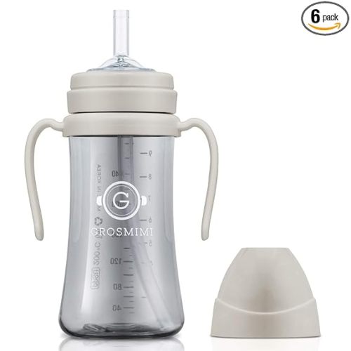 GROSMIMI Spill Proof no Spill Magic Sippy Cup with Straw with Handle for Baby and Toddlers, Customizable, PPSU, BPA Free 10 oz (Beige)