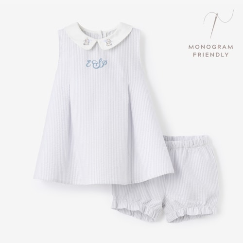 Blue Seersucker Embroidered Bunny Dress