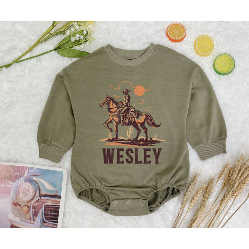 Personalized Cowboy Romper With Name, Western Cowboy With Horse 0-3 month short sleeve dress green