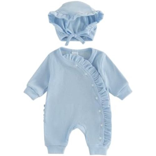 Newborn Coming Home Outfit Girl Ruffle Butts Romper Bonnet 2Pcs Set