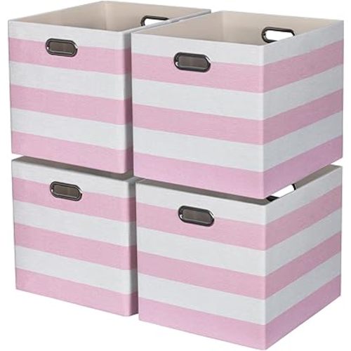 13x15x13 Storage Cube Bins, Foldable Storage Cubes, Fabric Organizer Basket Bin, Striped Containers Decorative Storage Boxes for Shelves Wardrobe Closet Home Office, 4 Pack, Pink/White