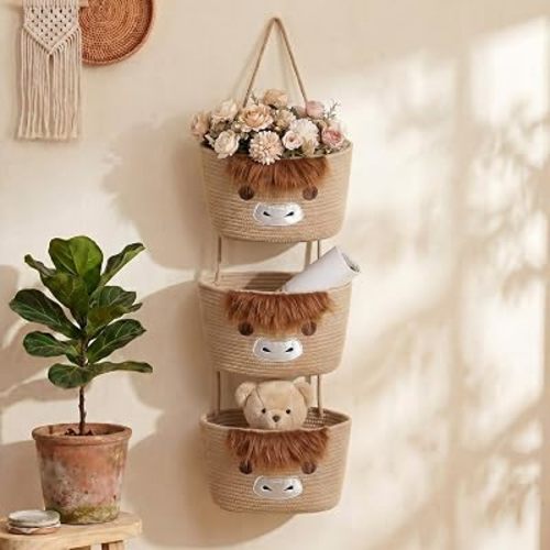 Highland Cow Nursery Decor 3-tier Highland Cow Cotton Rope Hanging Basket Organizer, Wall Storage Bin with Hooks, Brown Over Door Decorative Nursery Closet Hanging Accessories