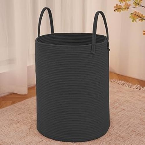 Large Woven Laundry Basket Hamper,60L Cotton Rope Storage Bin for Blankets,Toys and Clothes,Decorative Tall Nursery Hamper for Living Room,Baby Nursery,Bathroom and Bedroom,Black