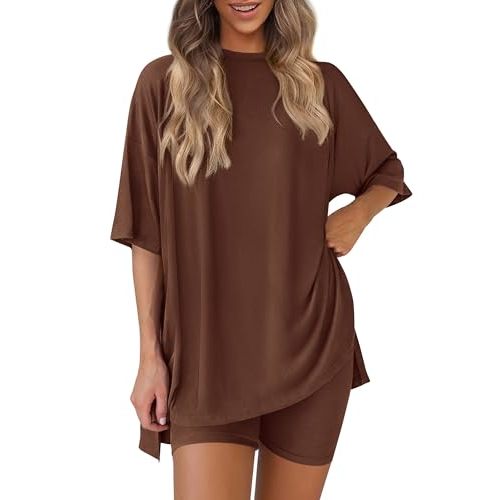 PRETTYGARDEN Women 2 Piece Lounge Set 2026 Summer Casual Oversized Shirts Biker Shorts Matching Airport Travel Outfit Clothes