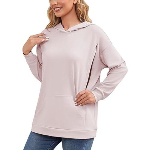 Ecavus Women's Maternity Nursing Sweatshirt Hidden Zipper 2025 Long Sleeves Oversize Breastfeeding Pullover Tops with Pockets