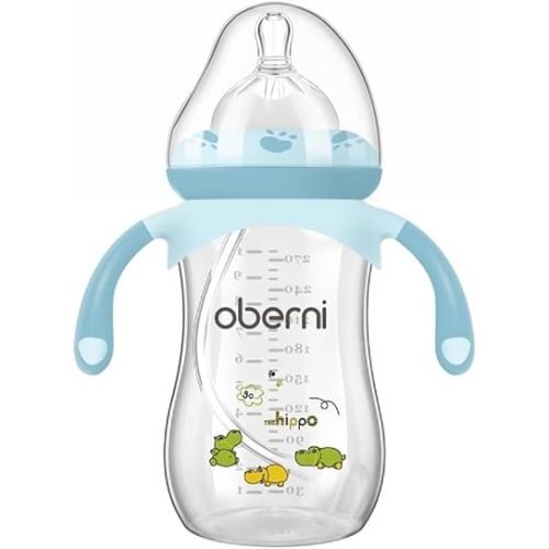 Oberni Baby Bottles, Weighted Straw Toddler Milk Bottles with Non-Slip Handle, Size + Variable Fast Flow, 12+ Months, BPA-Free, Blue/1Pack/9oz