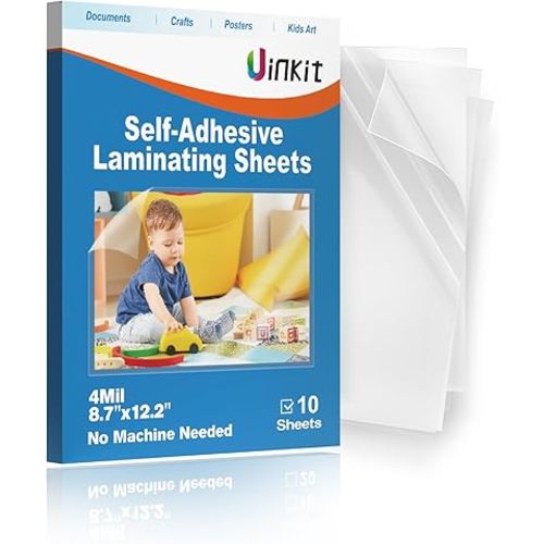 Uinkit 4mil Thicker Self-Adhesive Laminating Sheets, 10Pack Letter Size 8.5x11" - Peel & Stick, No Heat Needed - Dry-Erase Friendly Surface for Reusable Documents, Kids Art, Posters & Crafts