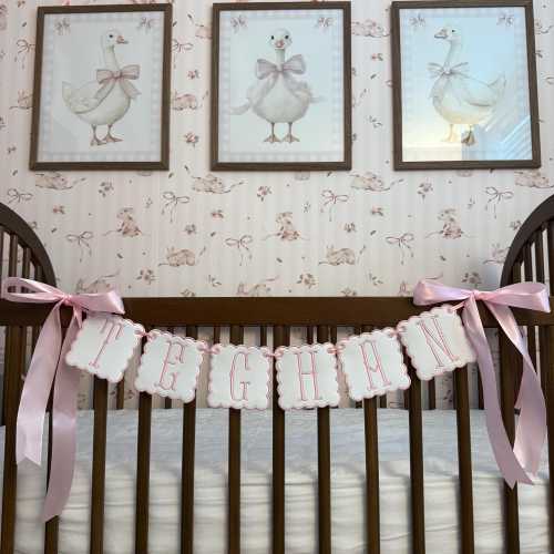 Personalized Baby Crib Name Banner Pink & White Nursery Decor