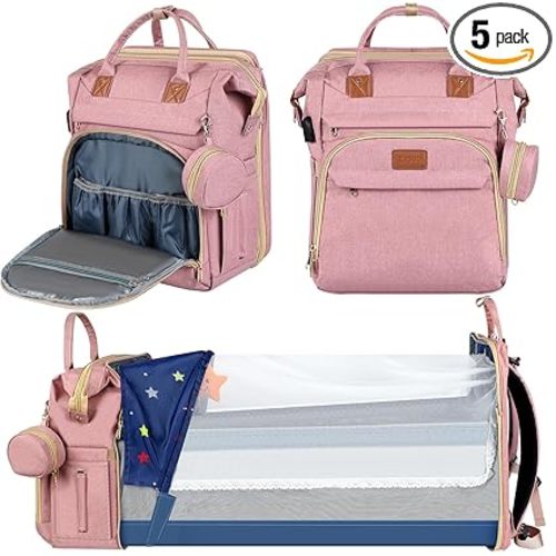 ZRSUN Diaper Bag Backpack with Portable Station & USB Port, Large Capacity Travel Baby Bag with Changing Pad, Waterproof Multi-Function Maternity Backpack for Mom & Dad (Pink)