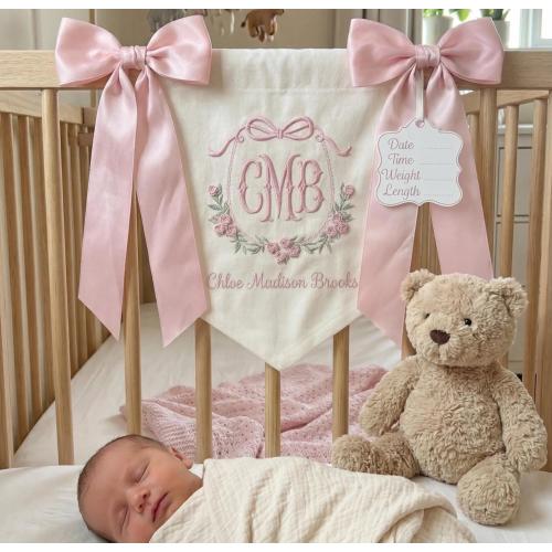 Embroidered Custom Nursery Name Sign, Baby Announcement Sign, Embroidered Baby Name Banner, Monogram Crest Nursery Decor, Hospital Door Sign
