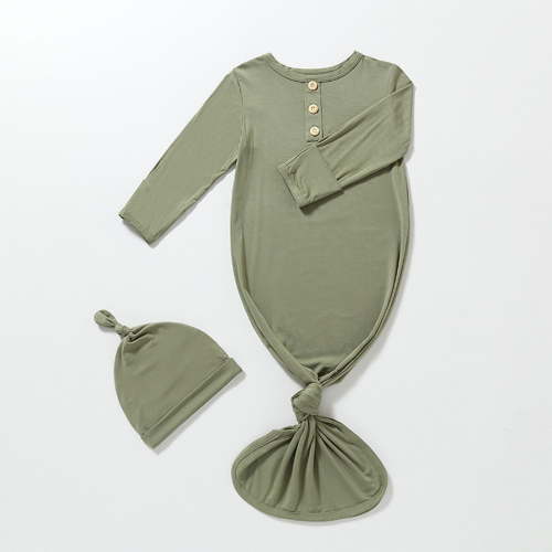 Rciityk Newborn Baby Boys Girls Knotted Gown Bodysuit Soft Infant Sleeper Romper Baby Long Sleeve Pajamas Gown with Hat 2PC