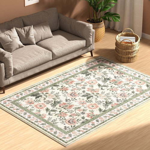 Washable Area Rug for Living Room, NovDeco 5'x7' Non-Slip Boho Pink Floral Print Indoor Rug - Soft Low Pile & Stain Resistant Carpet for Bedroom, Office, Dining Room, Nursery & Kitchen
