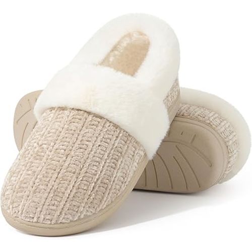 Evshine Fuzzy Memory Foam Slippers for Women Closed Back Knit House Shoes