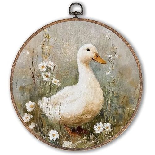 Cottagecore Duck Wildflower Round Wall Art Framed, Vintage Duck Floral Round Wall Decor, Rustic Farm Animal Hanging Canvas Prints Wall Sculptures for Home Bedroom Living Room Decor, 10x10 Inch