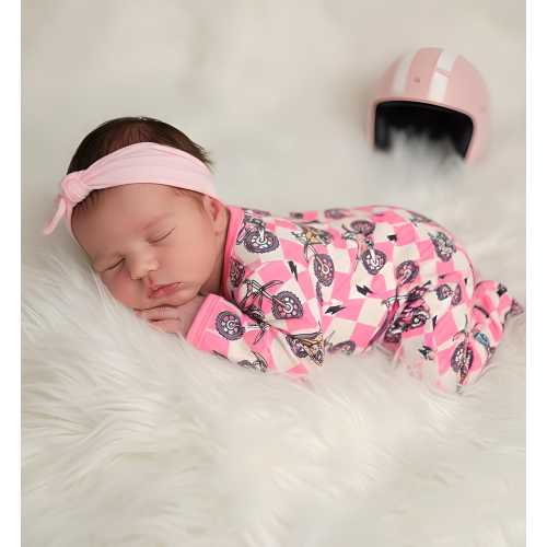 Pink Motocross Sleeper Dirt Bike Baby Girl Pajama Check Pattern Biker Style Outfit Convertible Cuff  Double Zipper Design New Baby Gift