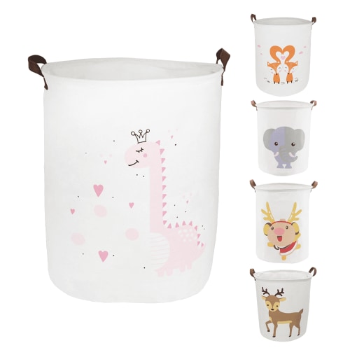 Laundry Basket, Collapsible Large Laundry Hamper Waterproof with Leather Handle, Dirty Clothes, Baby Kids Toy Storage Baskets Dorm - Pink Dinosaur