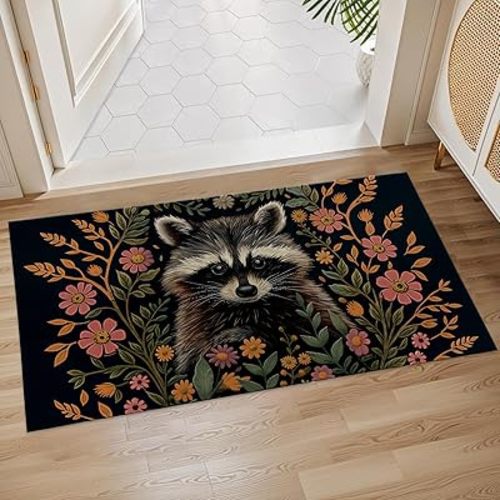Raccoon Floral Indoor Door Mat, 17x29.5 Inch, Floor Area Rug for Entryway, Living Room, or Bathroom, Non-Slip Doormat,Raccoon Animal Design Home Decor Rug Gifts