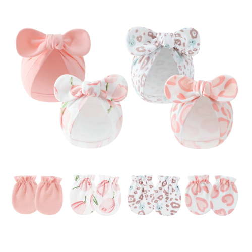 4PCS Newborn Baby Hospital Hats Beanie Bow Infant Caps Cotton Preemie Hats No Scratch Mittens Set for 0-1 Years Old