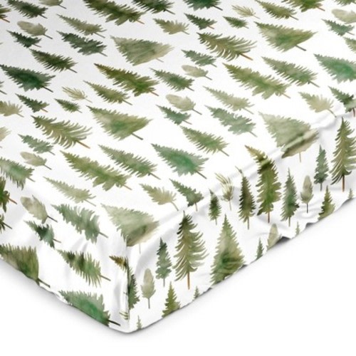 Sweet Jojo Designs Gender Neutral Unisex Satin Fitted Crib Sheet Woodland Pine Tree Green and White