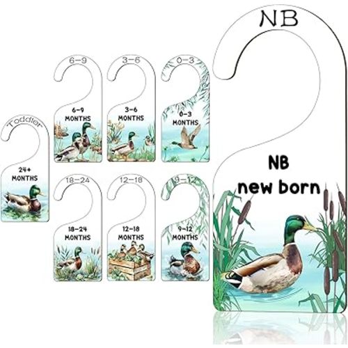 Set of 8 Hanger Closet Dividers for Newborn to 24 Months Size Clothes - Wooden Baby Closet Dividers - Nursery Organization for Clothes - Double-Sided Mallard Duck