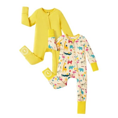 PATPAT Bamboo Viscose Baby Footie 2-Pack with Anti-Slip Grips, NB-2T | 2-Way Zipper, Fold-Over Mittens and Cuffs, Super Soft, Stretchy and Durable, Breathable Fiber
