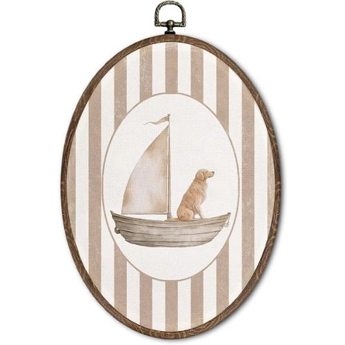 FLAWAFLOMA Vintage Sailboat Nursery Oval Wall Art Decor, Kids Room Canvas Wall Art Framed, Retro Golden Retriever Sailboat Hanging Decorations for Kids Toddler Nursery Bedroom Decor, 8.6x11.4 Inch