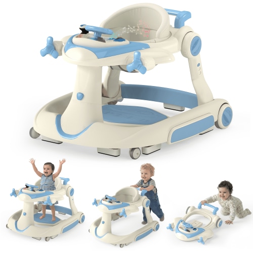 LINLUX 5 in 1 Foldable Baby Walker 3 Heights, Toddler Activity Walker w/Music & Lights, Blue
