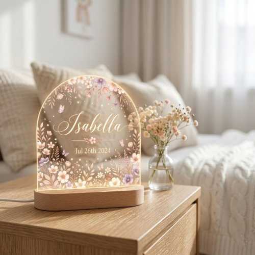 Custom Floral Night Light for Baby Girl Nursery Decor - Personalized Name Lamp